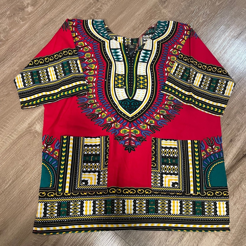 Dashiki Women XL Red Cotton African Print V-Neck Short Sleeve Tunic Top Pockets